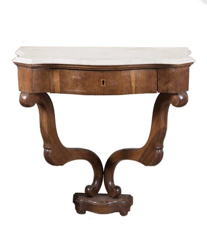 Consolle a goccia. Metà del XIX secolo. Realizzata in noce e rigatino di...