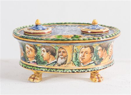 ANGELO MINGHETTI, XX secolo. Calamaio in ceramica policroma sui toni del blu,...