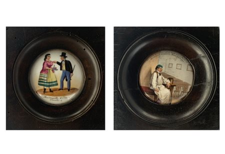 Lotto composto da due miniature con scene di genere su porcellana....