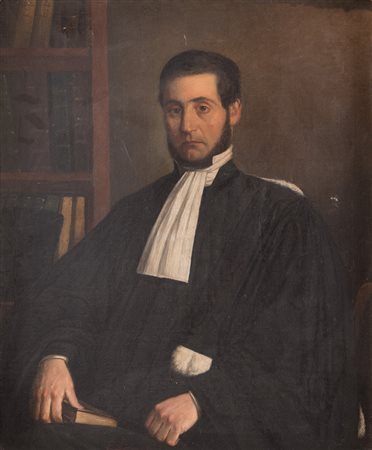 Maestro del XIX secolo. “Ritratto di avvocato”. Olio su tela. Firmato E....