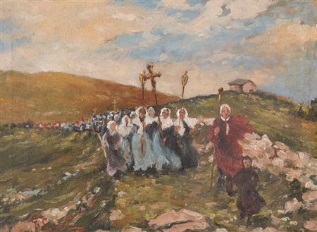 Pittore anonimo “Processione” Olio su tela. Cm 29,5x40. Reca firma...