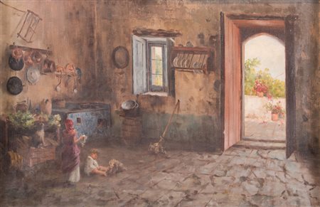 Pittore anonimo prima metà del XX secolo “Scena d’interno” Olio su tela. Cm...