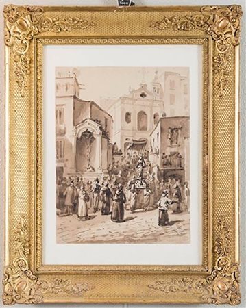 Pittore anonimo del XIX secolo “Processione”. Acquerello su carta. Cm 29,5x22,5.