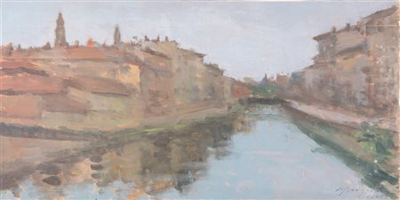 MARIO BORGIOTTI “Grigio: il Naviglio grande”, 1968. Olio su tavola. Cm...