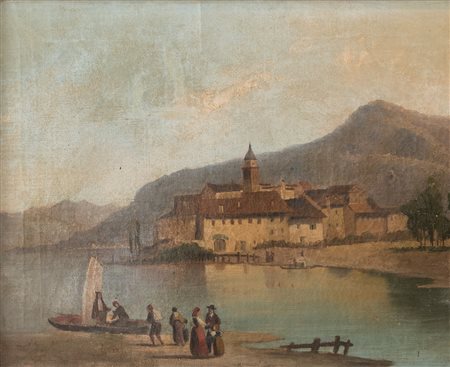 Maestro del XIX secolo “Veduta lacustre” Olio su tela. Cm 37,8x50,5.