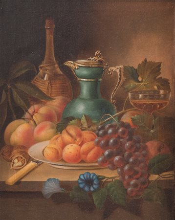 Maestro del XIX secolo. "Natura morta con vasellame". Olio su tela. Cm 69x51,5.