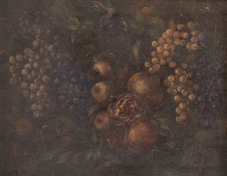 Pittore anonimo del XX secolo. "Natura morta con melagrana e uva". Olio su...