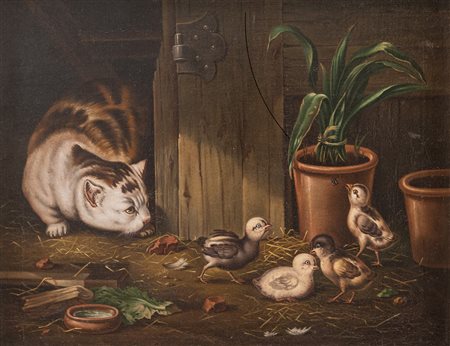 Maestro del XIX secolo. “Scena di cortile con gatto e pulcini”. Olio su tela....
