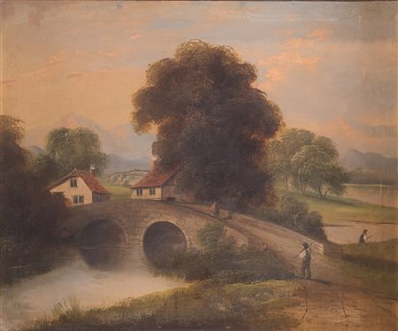 Maestro del XIX secolo. "Paesaggio rurale con ponte". Olio su tela. Cm...
