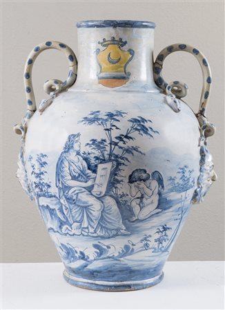 Vaso in maiolica policroma. Savona, XVIII secolo. Cm 46x37x33. (Difetti...