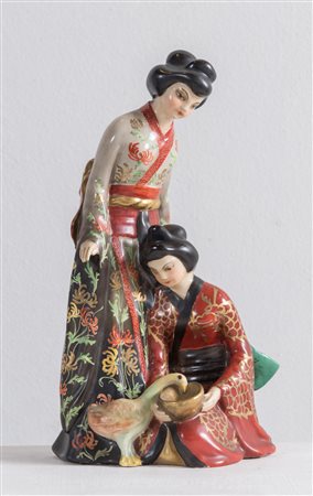 GUIDO CACCIAPUOTI, XX secolo. "Geishe". Scultura in ceramica smaltata. Cm...