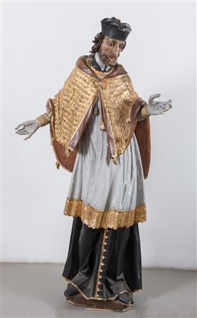 "Monsignore con manto dorato". Scultura lignea policroma. Francia/Piemonte,...