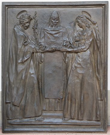 Placca in bronzo, raffigurante scena nuziale tra S. Giuseppe e la Madonna. Cm...