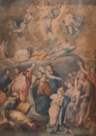 Maestro del XVII secolo. Da Raffaello. "La trasfigurazione". Guazzo su carta....