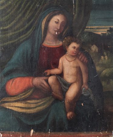 Maestro veneto del XVI secolo. “Madonna con bambino”. Olio su tavola. Cm...