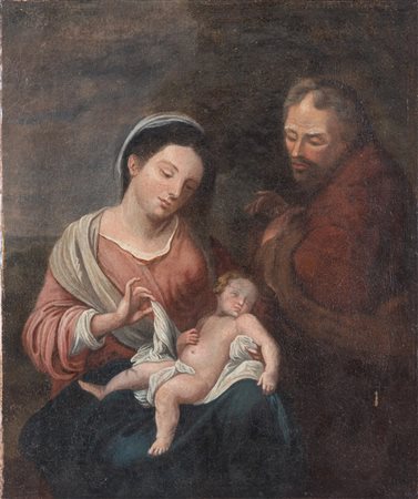 Maestro del XVII secolo "Sacra famiglia". Olio su tela. Cm 46,5x38,5.