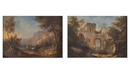 Maestro della fine XVIII secolo. Coppia di paesaggi con architettura. Olio su...