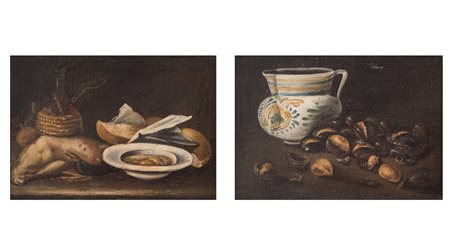 Maestro napoletano del XVIII secolo. Coppia di nature morte. Olio su tela....