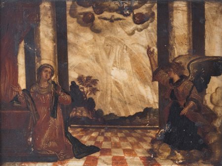 Maestro degli inizi del XVII secolo “Annunciazione”. Olio su marmo. Cm...