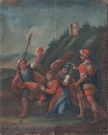 Maestro nordico del XVII secolo "Cristo portacroce". Olio su tela. Cm 75x60,5.