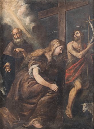 Maestro del XVIII secolo “Maddalena con santi”. Olio su tela con cornice...