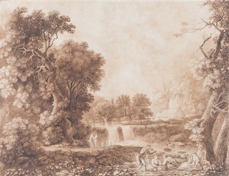 Maestro del XVIII secolo. “Paesaggio con figure”. Acquerello su carta. Cm...