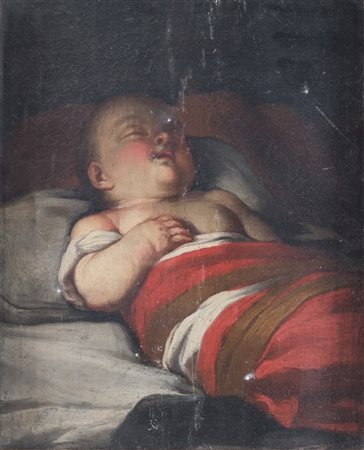 Maestro veneto della fine del XVII secolo “Bambino dormiente”. Olio su tela...