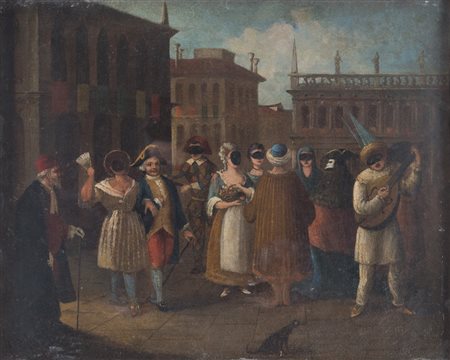 Maestro veneto del XVIII secolo “Scena carnevalesca”. Olio su tela. Cm 41x50.