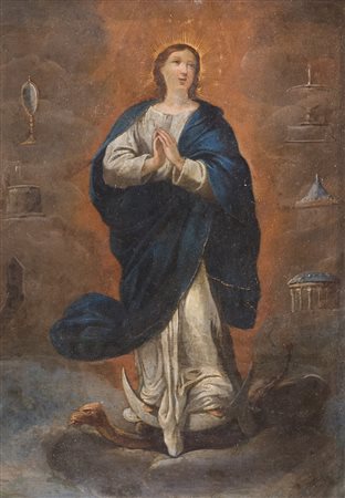 Maestro del XVII secolo "Immacolata concezione". Olio su rame. Cm 23x17.