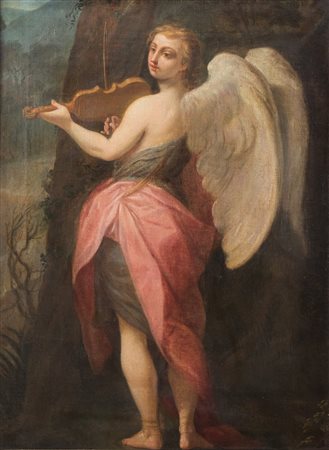 Maestro del XVII secolo. "Angelo musicante". Olio su tela. Cm 75x56,7.