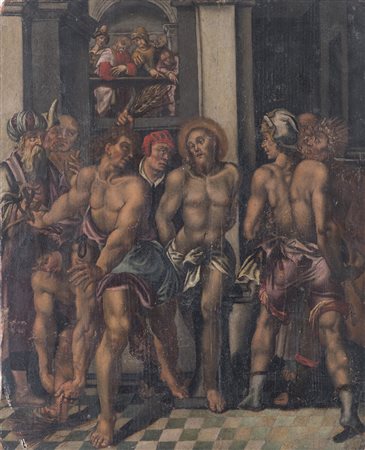 Maestro fiammingo della fine del XVI secolo. "Cristo alla colonna". Olio su...