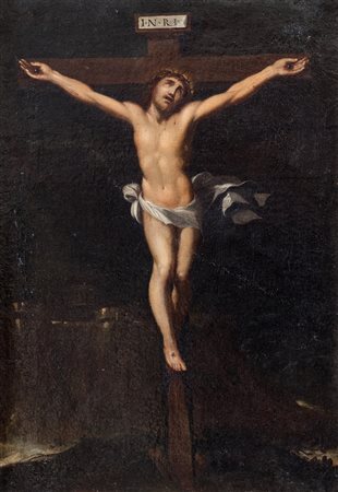 Maestro nordico del XVII secolo. "Crocifissione". Olio su tela. Cm 34x23,5.
