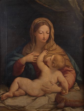 Maestro degli inizi del XVIII secolo. “Madonna con bambino”. Olio su tela. Cm...