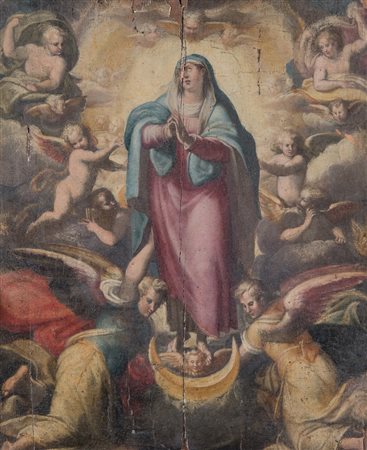 Maestro bolognese del XVI secolo. “Madonna in gloria con angeli”. Olio su...