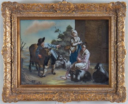 Ambito di Francesco Londonio, XVIII secolo. “Scena campestre”. Olio su vetro....