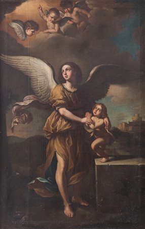 Maestro del XVIII secolo “L'angelo e il bambino”. Olio su tela. Cm...