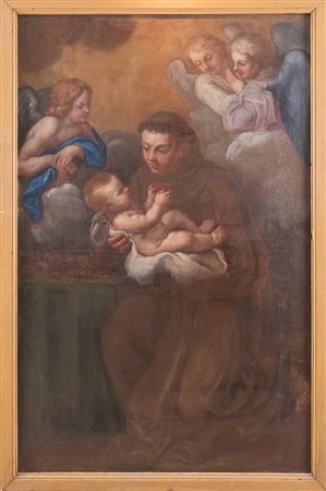 Maestro romano del XVII secolo. “Sant’Antonio con bambino e angeli”. Olio su...