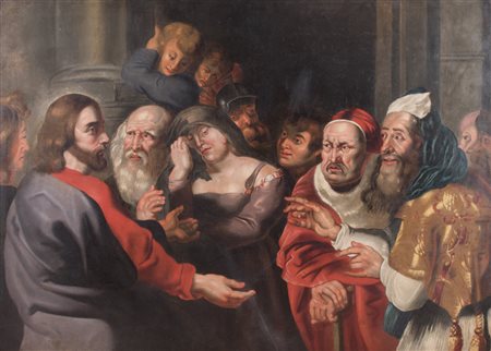 Maestro fiammingo del XVII secolo. "Gesù tra i dottori del tempio". Olio su...