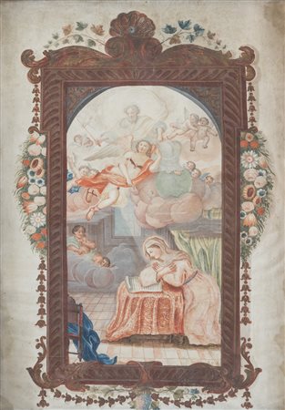 Maestro del XVIII secolo. “Annunciazione”. Tempera su pergamena. Cm 49x34,5.