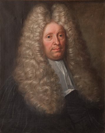 Maestro francese del XVIII secolo. “Ritratto di uomo con parrucca”. Olio su...