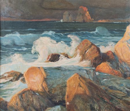 GUIDO GRIMANI (1871-1933) "Scogliera". Olio su tela. Cm 132x153,5. Al retro...