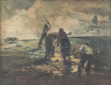 UBALDO MAGNAVACCA (Modena 1885 - Lerici 1957) "Zappatori (controluce)". Olio...