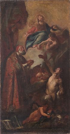 Maestro veneto del XVIII secolo. “Madonna in gloria con santi”. Olio su tela....