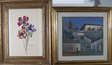 GHIGLIA VALENTINO "LOTTO DI 2 OPERE:" A) "Case", olio su cartone, cm. 30x32....