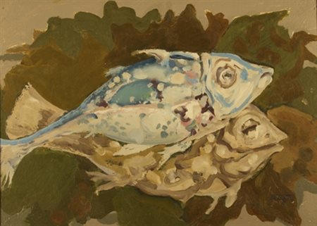 PALAZZI BERNARDINO (Nuoro 1907 - Milano 1987) "Pesci" 1978 Olio su cartone...