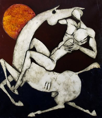 LANDI BRUNO (Roma 1941) "Cavaliere al tramonto" 2004 Olio su tela cm. H:...