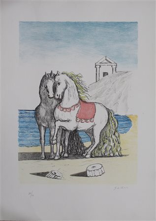 GIORGIO DE CHIRICO  - Cavalli con gualdrappa rossa (1976)