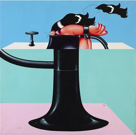 Sergio Sarri "Tavolo d'analisi" 1971
acrilico su tela
cm 100x100
Firmato e datat