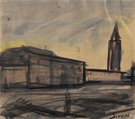 Mario Sironi "Case e campanile" 1926-1927 circa
tempera e tecnica mista su carta