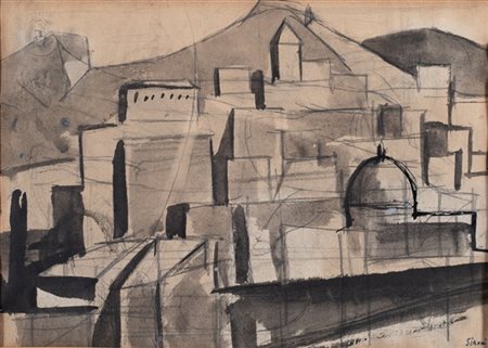 Mario Sironi "Paesaggio con montagne, case, torre e cupola" 1924 circa
tempera e